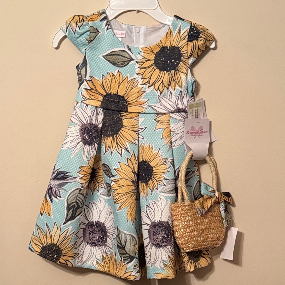 Rare Editions Blue and Yellow Sunflower Kids Dress with Straw Bag